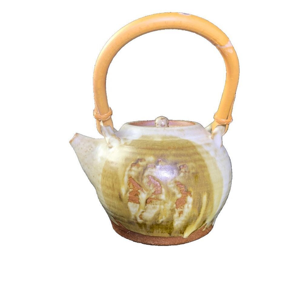 Artisan Pottery Teapot Stamped Hand Thrown, Cane‎ Handle Unused Made in USA